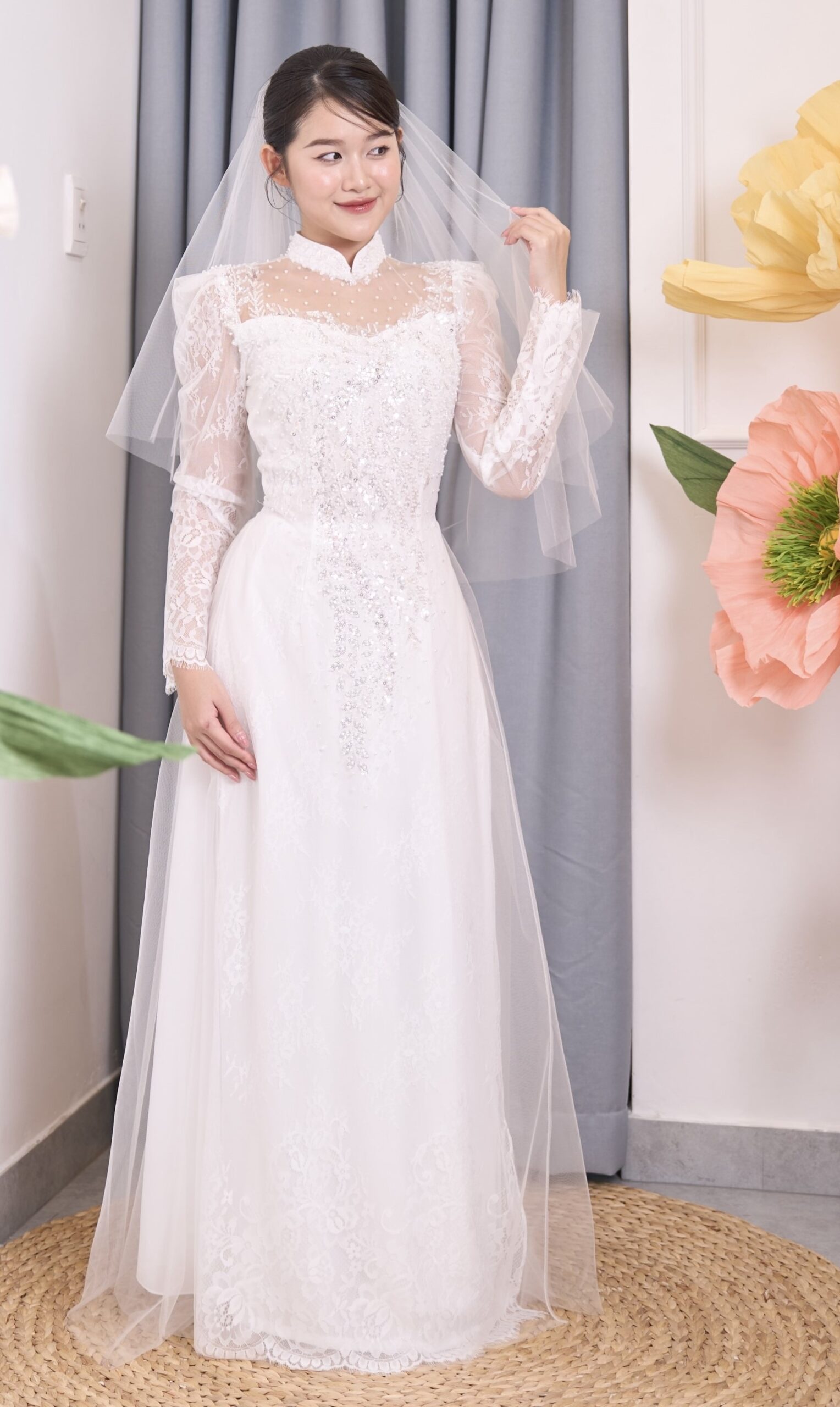 Áo dài cưới màu xanh dương sang trọng