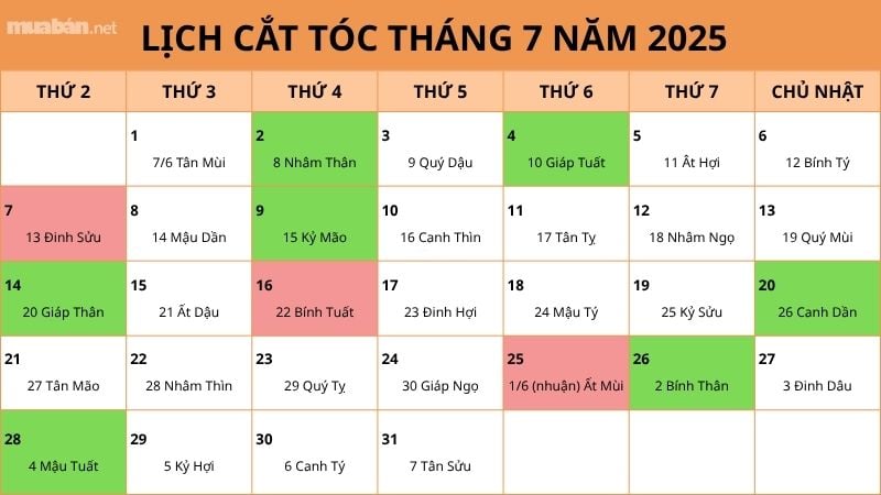 Lịch cắt tóc tháng 7 năm 2025
